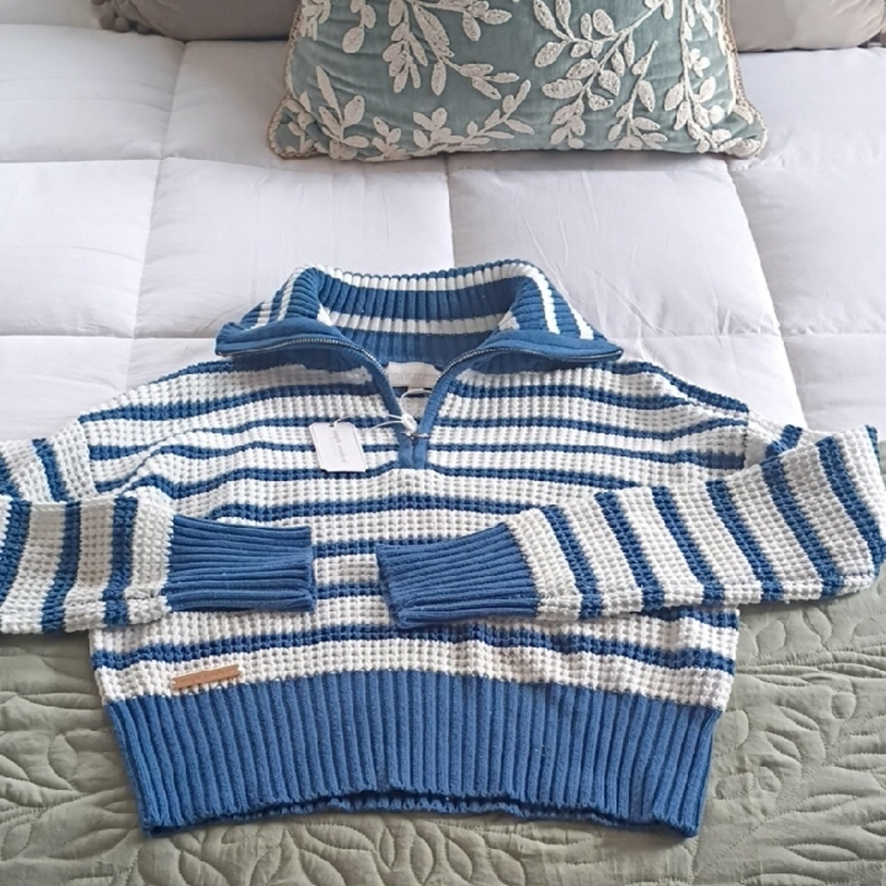 Simply Southern Blue and White Zip-Up Sweater